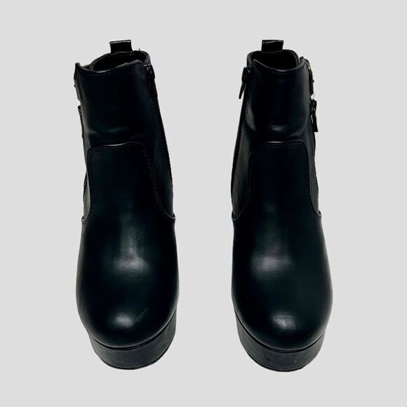 Material Girl Black Heeled Boots Moto Combat Ankle Booties with Heel Buckle Zip - Picture 2 of 12